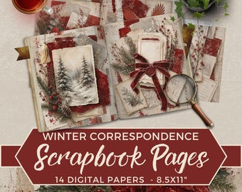 Winter Junk Journal Pages, Vintage Christmas Digital Paper, Printable Scrapbook Kit, Snowy Correspondence Collage