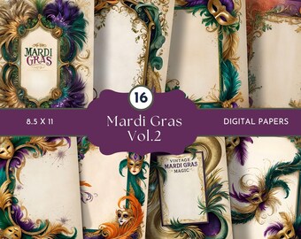 Mardi Gras Digital Papers, Carnival Junk Journal Pages, Mardi Gras Scrapbook Collage, Carnival Masks Digital Papers, Fat Tuesday Background