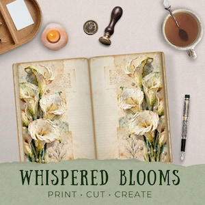 Whispered Blooms journal spreads showcasing rich rose tones and golden sunflower florals layered onto vintage parchment-style pages. The flowers frame the margins, leaving open space for journaling. Scissors and greenery nearby suggest hands-on crafting, making these printable pages ideal for junk journals, scrapbooks, and mixed media projects.