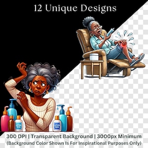 Two transparent clipart characters demonstrating forgetfulness: bottom shows woman with braids at open refrigerator looking confused with speech bubble "Where are my keys?" surrounded by question marks. Top right displays woman with gray curly hair, glasses, holding phone with large question mark nearby. Both on transparent backgrounds, 300 DPI quality, 3000px minimum size specifications included.