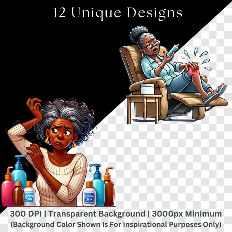 Two transparent clipart characters demonstrating forgetfulness: bottom shows woman with braids at open refrigerator looking confused with speech bubble "Where are my keys?" surrounded by question marks. Top right displays woman with gray curly hair, glasses, holding phone with large question mark nearby. Both on transparent backgrounds, 300 DPI quality, 3000px minimum size specifications included.