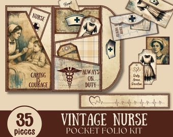 Vintage Nurse Folio Kit , Nursing Junk Journal Kit, Trifold Pocket Scrapbook, Medical Scrapbook Kit, Ephemera Collage Pocket Set for Nurses