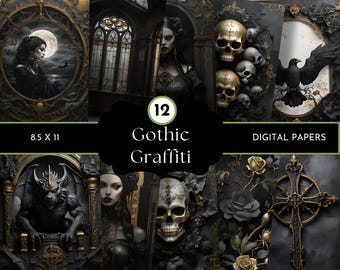 May include: Twelve digital papers featuring gothic imagery in black and gold. The papers include a skull, a raven, a cross, a woman, a dragon, and roses.
