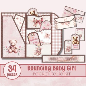 Baby Girl Pocket Folio, Pink Teddy Bear Junk Journal Kit, Trifold Pocket Scrapbook with Pink Flowers, Teddy Bear Baby Shower Money Holder