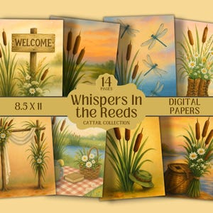 Cattails and Reeds In Water Clipart,Cattail Junk Journal, Dragonfly Watercolor, Papercraft, Scrapbooking Printable Kit, Water Pond, Wetland