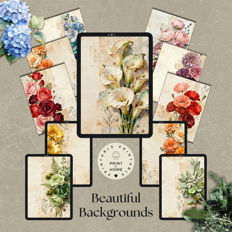 Printable Flower Junk Journal Pages, Mixed Media Floral Paper Pack for ...