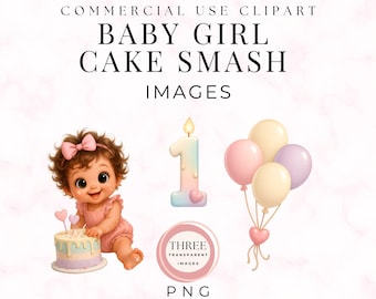 Baby Girl Cake Smash Clipart, First Birthday Party Graphics, 1st Birthday Clipart for Girls, Sweet 1st Birthday Illustrations Invites, BSC