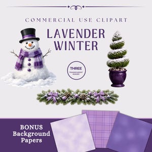 Puede incluir: Conjunto de imágenes prediseñadas digitales con un muñeco de nieve con bufanda y sombrero de copa morados, un topiario en una maceta morada y una guirnalda con lazos y piñas moradas. El texto dice "Lavender Winter" y "Commercial Use Clipart."