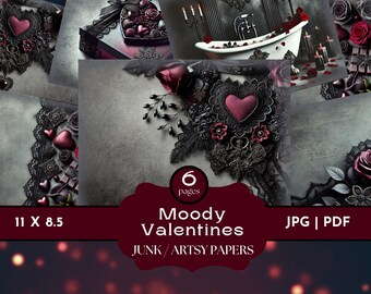 Moody Valentine's Junk Journal, Gothic Valentine’s Day Papers, Dark Romantic Scrapbook Papers, Dark Academia Valentine’s Kit, Commercial