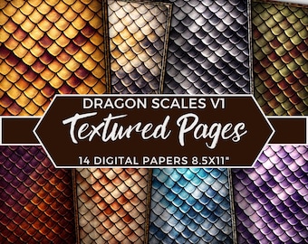 May include: A collection of digital papers with a dragon scales design. The papers feature a textured pattern in various colors, including gold, silver, blue, and purple. The text "Dragon Scales V1" and "Textured Pages" is displayed on the image. Each paper measures 8.5x11 inches.