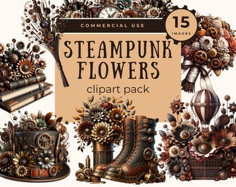 Steampunk Floral Clipart, Victorian Gears and Roses PNG (Commercial Use)