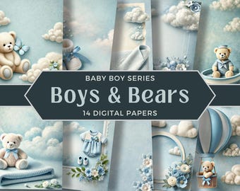Baby Boy Junk Journal, Teddy Bear Papers, Baby Shower Background, Pastel Decorative Papers for Boys, Printable Baby Papers,Baby Scrapbook