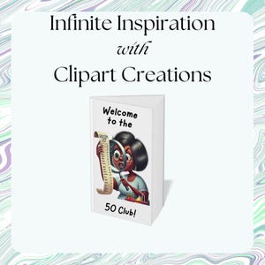 Marketing image with pastel marbled border featuring white book mockup titled "Welcome to the 50 Club!" Book cover displays cartoon woman with magnifying glass examining long grocery list. Text reads "Infinite Inspiration with Clipart Creations" in elegant serif and script fonts. Design promotes creative clipart usage for various projects with clean, professional layout.