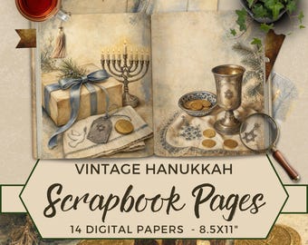 May include: Vintage Hanukkah scrapbook pages featuring 14 digital papers measuring 8.5x11 inches. The imagery displays an open book with a menorah, a gift box with a blue ribbon, a silver goblet, gold coins, a dove, and a magnifying glass.