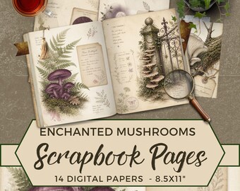 May include: A collection of digital scrapbook pages featuring botanical illustrations of purple mushrooms, ferns, and an ornate iron gate. The pages include vintage-style text, a magnifying glass, and a cup of tea, measuring 8.5 by 11 inches.