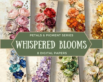 May include: A collection of eight digital papers featuring watercolor floral arrangements in various colors. The papers showcase peonies, roses, and other flowers, with a vintage aesthetic. The text "Whispered Blooms" is displayed on a green banner.