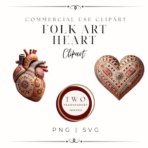 Boho Hearts Digital Clipart, Aztec Folk Art Heart, Tribal Illustration, Rustic Tribal Design, Anatomical Heart Boho Image, Medical Image