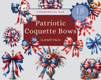 4th of July Coquette Bow Clipart, Patriotic Clipart, Independence PNG, Red White Blue Bows, Independence Day, USA Flag, Coquette 4th July