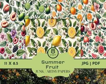Summer Fruit Digital Paper Pack, Fruit Digital Background,Lemon Junk Journal,Garden Scrapbook Collage,Shabby Chic Decoupage, Fruit & Flowers