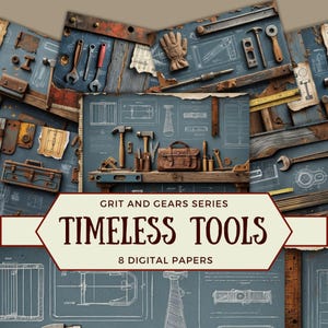 Masculine Scrapbook Paper, Vintage Tools Blueprint Junk Journal Pages, Fathers Day Workshop Ephemera, Mechanic Maker Digital Papers