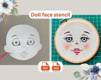 Doll Face stencil sjabloonpatroon Perfect voor handborduurwerk en schilderen Charmant schattig popgezicht / CriCut compatibel SVG- en PDF-formaat