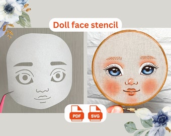 Doll Face stencil sjabloon voor handborduurwerk of schilderij CriCut compatibel (4x4 inch) SVG/PDF-bestand