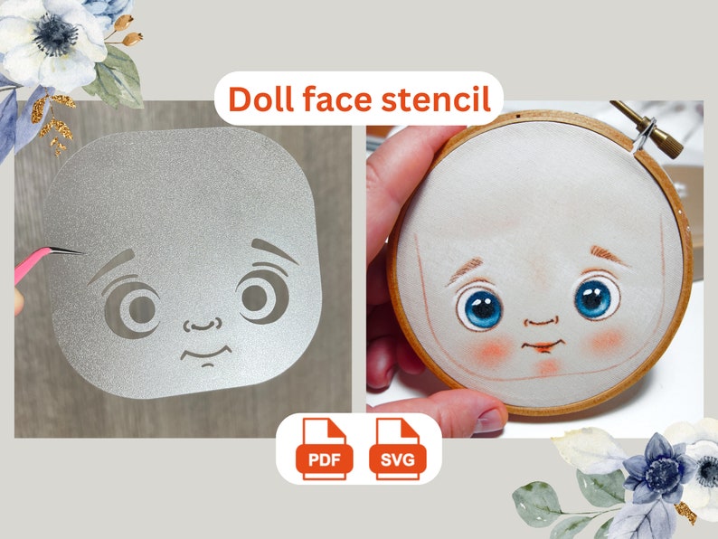 Doll Face stencil sjabloon voor doe-het-zelf ambachten: borduurwerk, schilderen en CriCut ambachten SVG/PDF-bestand afbeelding 1