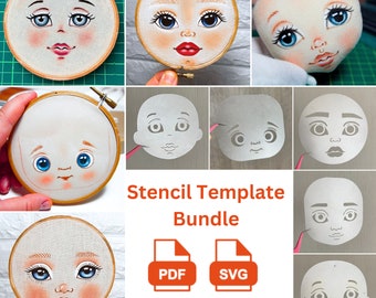 Doll Face stencil sjabloonbundel voor handborduurwerk of schilderij CriCut compatibel (4x4 inch) SVG/PDF-bestand