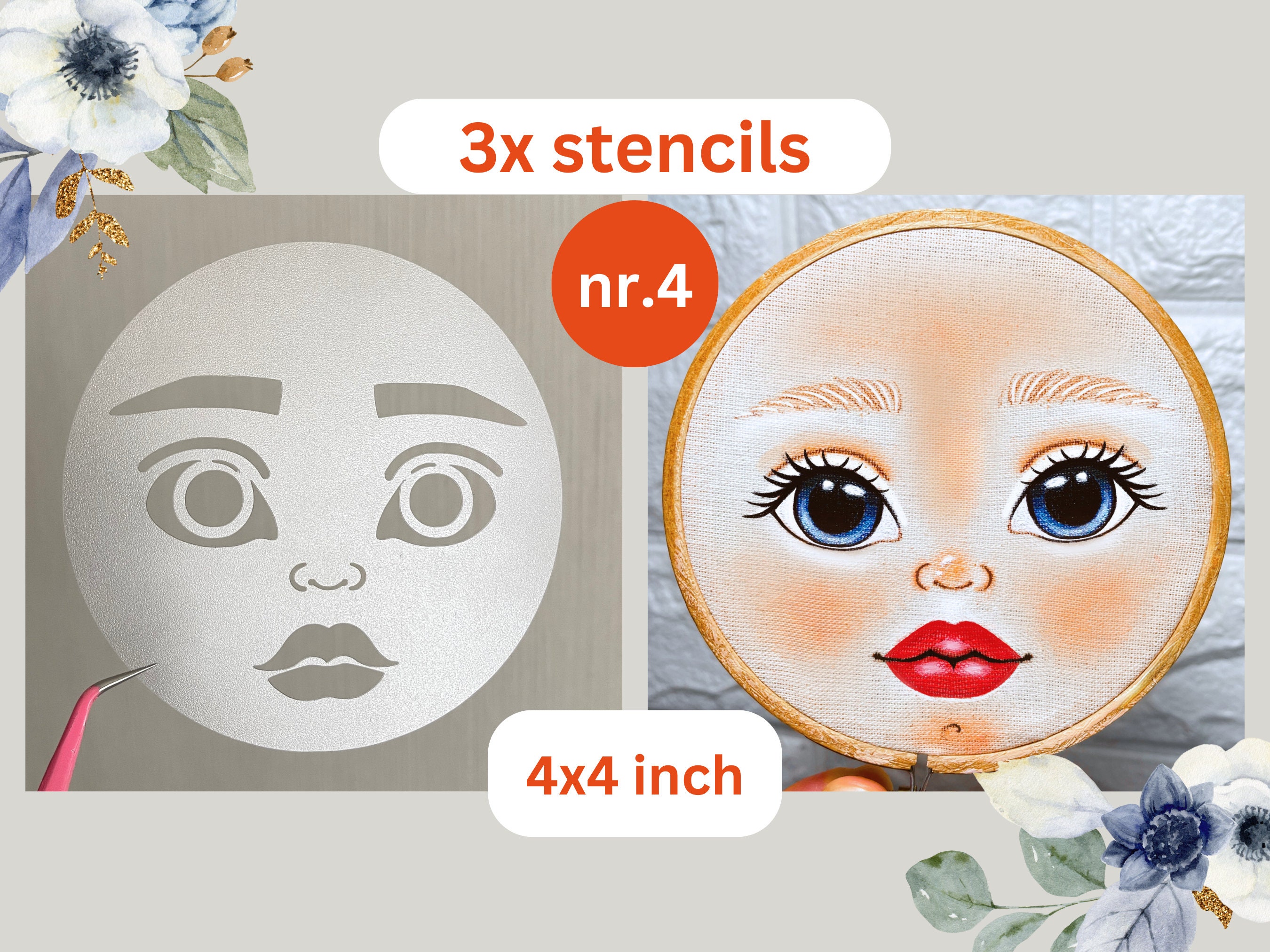 Doll Face Stencil Template for Hand Embroidery or Painting 4x4 Inches ...