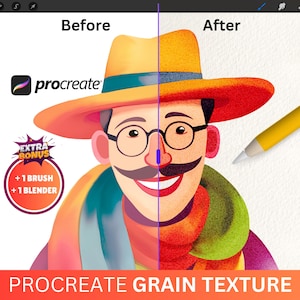 May include: Digital illustration comparing "Before" and "After" effects, featuring a cartoon man with a hat, glasses, and a mustache. The image includes the Procreate logo, bonus icons, and the text "PROCREATE GRAIN TEXTURE". A yellow stylus is also present.