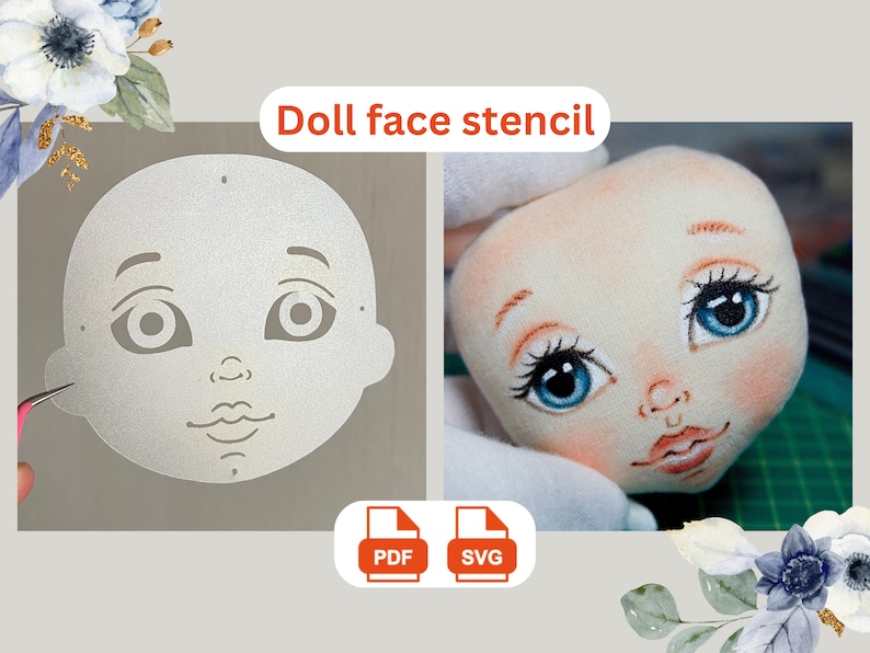 Doll Face Stencil Template for Hand Embroidery or Painting Cricut Compatible 4x4 Inches SVG/PDF
