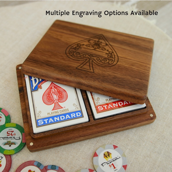 Playing Card Box Poker Collectible Personalizable Gift For Dad Gift for anyone Keepsake Walnut Texas Holdem Combined Double