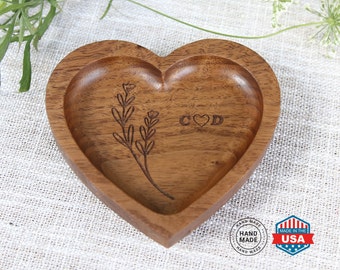 Wooden Jewelry Dish Heart Ring Engagement Custom Personalized Wedding Bridesmaid Anniversary Birthday Present Walnut