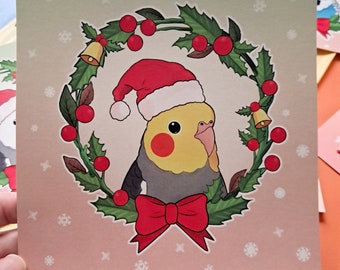 Cockatiel Xmas / Mini Print / Xmas Bird Print / Parrot Print / Parrot Artwork / Gift Parrot Lovers / Cute Animal Art / Gift for Bird Lovers