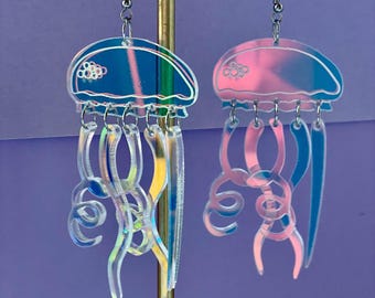 Blue Iridescent Jellyfish Earrings | Holographic Ocean Aesthetic Earrings | Mermaid Core | Acrylic Statement Earrings | Under the Sea Gift