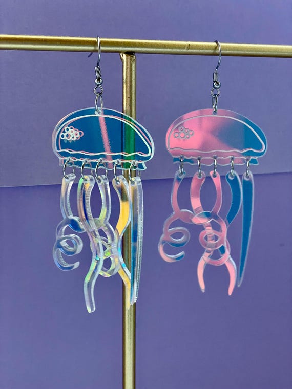 Blue Iridescent Jellyfish Earrings | Holographic Ocean Aesthetic Ohrringe | Mermaid Core | Acrylic Statement Earrings | Under the Sea Gift