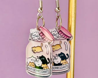 Anti-Depressant Earrings – Cat Motif – Fun Acrylic Earrings – Statement Jewelry – Famous Accessories – Gift Idea for Cat Lovers