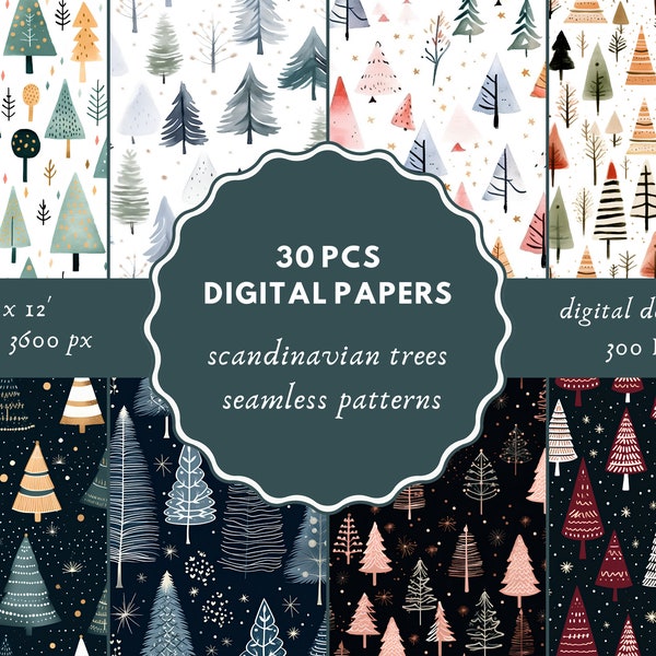 Christmas Digital Paper, Digital Paper Pack, Scandinavian Trees Pattern, Christmas Tree Digital Pattern, Scrapbook Papers, Seamless Patterns