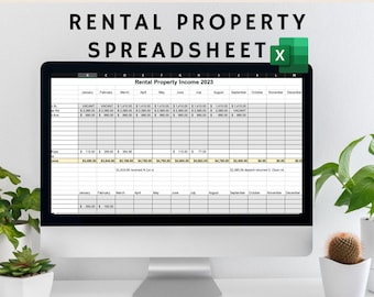 Puede incluir: Una pantalla de computadora que muestra una hoja de cálculo titulada "Rental Property Spreadsheet" con un icono verde de Excel en la esquina superior derecha. La hoja de cálculo está diseñada para realizar un seguimiento de los ingresos de las propiedades de alquiler para el año 2023. La hoja de cálculo incluye columnas para cada mes del año, con filas para diferentes propiedades de alquiler. La hoja de cálculo también incluye una sección para realizar un seguimiento de los gastos y una sección para realizar un seguimiento de los ingresos.