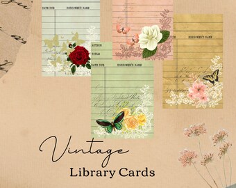 May include: Four vintage library cards with floral designs. Each card has a space for the author, title, date due, and borrower's name. The cards are decorated with butterflies, roses, and other flowers.