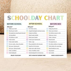 School Day Checklist For Kids, Kids Responsibility Chart, Before School, After School, Before Bed, Printable School Day Kids Daily Checklist