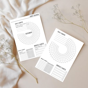 May include: Two printable habit tracker sheets with a black and white design. The sheets include sections for daily, weekly, and monthly habits. The daily habit section features a circular chart with lines radiating from the center. The monthly habit section features a grid with boxes for each day of the month. The text "HABIT TRACKER" is at the top of the sheet.