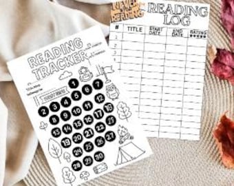 May include: Two black and white printable reading logs. One is a reading tracker with a calendar and illustrations. The other is a reading log with columns for title, start date, end date, and rating.