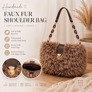 May include: A brown faux fur shoulder bag featuring a dark brown leather-like flap with a gold-tone metal clasp. The bag includes a decorative tortoiseshell acrylic chain strap and a brown interior lining with a zippered pocket for storage.