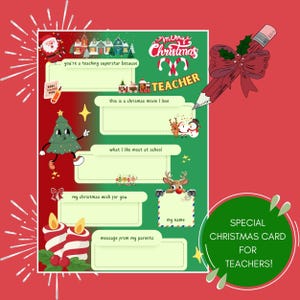 Carte de Noël pour les enseignants | Conception à remplir pour des messages personnalisés pour les enfants et les parents | Téléchargement numérique | Merci, Maître