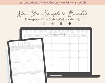 New Year Template Bundle- Gray Scale, Undated Planners, 2024 Calendar, Sunday & Monday Start, Goal Setting, Minimalist, Digital Template