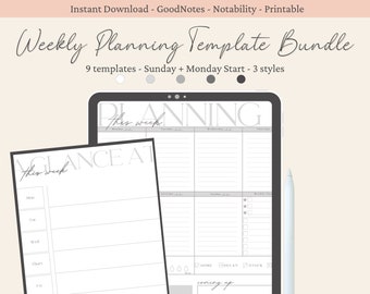 Weekly Planning Template Bundle- Gray Scale, Undated, Digital Planner, Minimalist Planner, Sunday & Monday Start