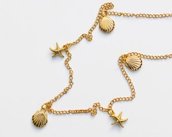 Handmade Seaside Shell and Starfish Charm Necklace on Gold Tone Metal Chain