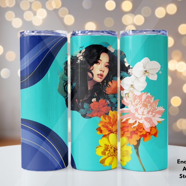 Beautiful Asian Woman & Flowers Cute Blue 20oz Skinny Sublimation Tumbler Wrap Digital Design, Straight/Tapered,PNG Instant File Download