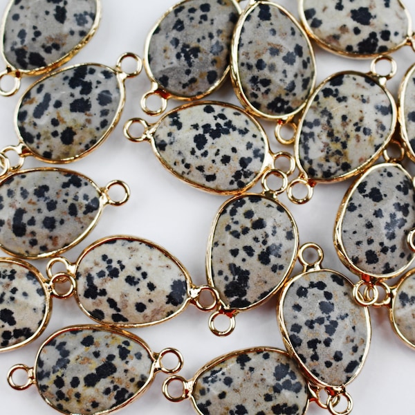 4pcs Natural Dalmatian Jasper Gold Connector, Teardrop Connector Charm, Golden, Gold and Jasper Charm, Jewelry Supplies Wholesale, 28x15mm